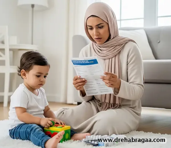 أم محجبة في منزل عصري تقرأ بتركيز نشرة دواء الديباكين Depakine لطفلها، تُظهر القلق والحرص على فهم التأثيرات والجرعات