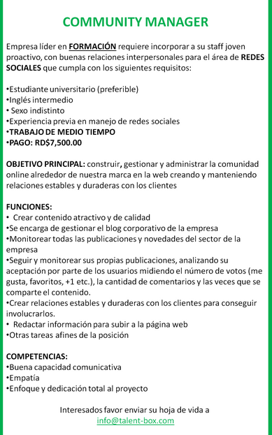 Vacante para Community Manager Envia tu CV