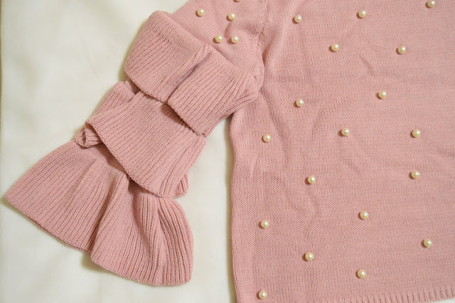 Zaful Pink Sweater with Pearl Embellishments Sleeve detail