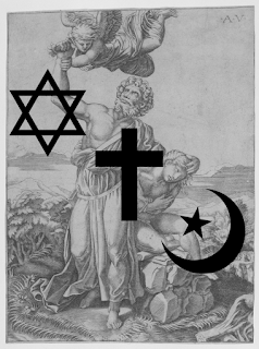 Line drawing, Abraham preparing to scarifice Isaac, with Abrahamic religious symbols overlaid.