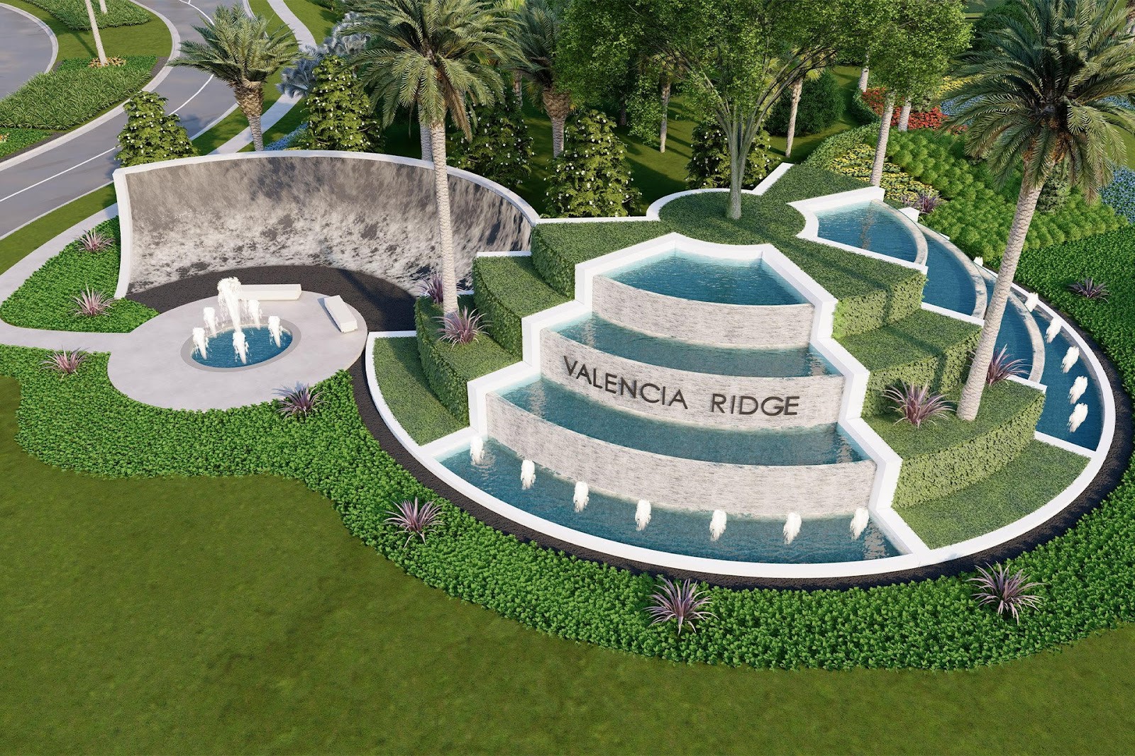 An image of the stunning water feature for GL Homes Valencia Ridge