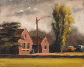 Oil painting of red brick buildings with pitched rooves with flanked by trees.