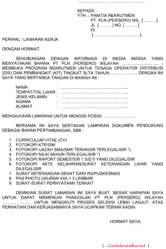 Contoh Surat Lamaran Kerja PT. PLN Persero yang Baik dan ...