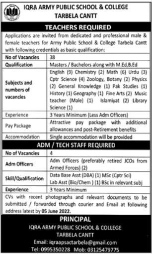 Latest Iqra Army Public School & College Management Posts Tarbela 2022