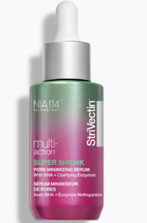 StriVectin Super-Shrink Pore Minimizing Serum in a sleek, transparent bottle, emphasizing its pore-reducing and skin-balancing formula.