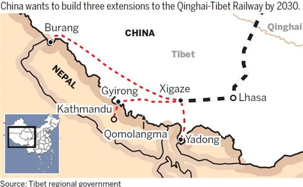 Additional tracks are also planned from Xigaze to two more border towns by 2030 - Burang and Yadong.