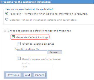 Opção Generate Default Bindings marcada durante o deploy da aplicação no WebSphere