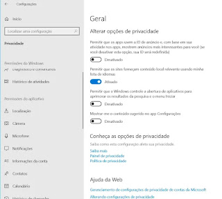 Menu de Privacidade do Windows 10