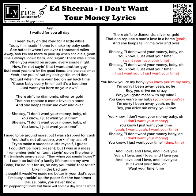 Ed Sheeran - I Don't Want Your Money Lyrics | lyricsassistance.blogspot.com