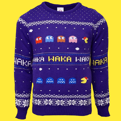 Knitted Blue Christmas Jumper with Pac-Man and Snowflake Pattern Graphics
