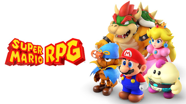 Arte principal de Super Mario RPG com os personagens do jogo e seu logotipo.