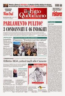 Il Fatto Quotidiano del 20 Marzo 2013 | ISSN 2037-089X | TRUE PDF | Quotidiano | Cronaca | Politica
Il quotidiano è edito dal 23 settembre 2009. L'uscita del giornale è stata preceduta da una lunga fase preparatoria iniziata il 28 maggio 2009 con l'annuncio del nuovo quotidiano dato sul blog voglioscendere.it da Marco Travaglio.
Il nome della testata è stato scelto in memoria del giornalista Enzo Biagi, conduttore del programma televisivo Il Fatto, mentre il logo del bambino con il megafono si ispira al quotidiano La Voce, in omaggio al suo fondatore Indro Montanelli.
L'editore ha manifestato la volontà di rinunciare ai fondi del finanziamento pubblico per l'editoria e di sovvenzionarsi soltanto con i proventi della pubblicità e delle vendite, e di usufruire solo delle tariffe postali agevolate per i prodotti editoriali sino alla loro abrogazione nell'aprile 2010.