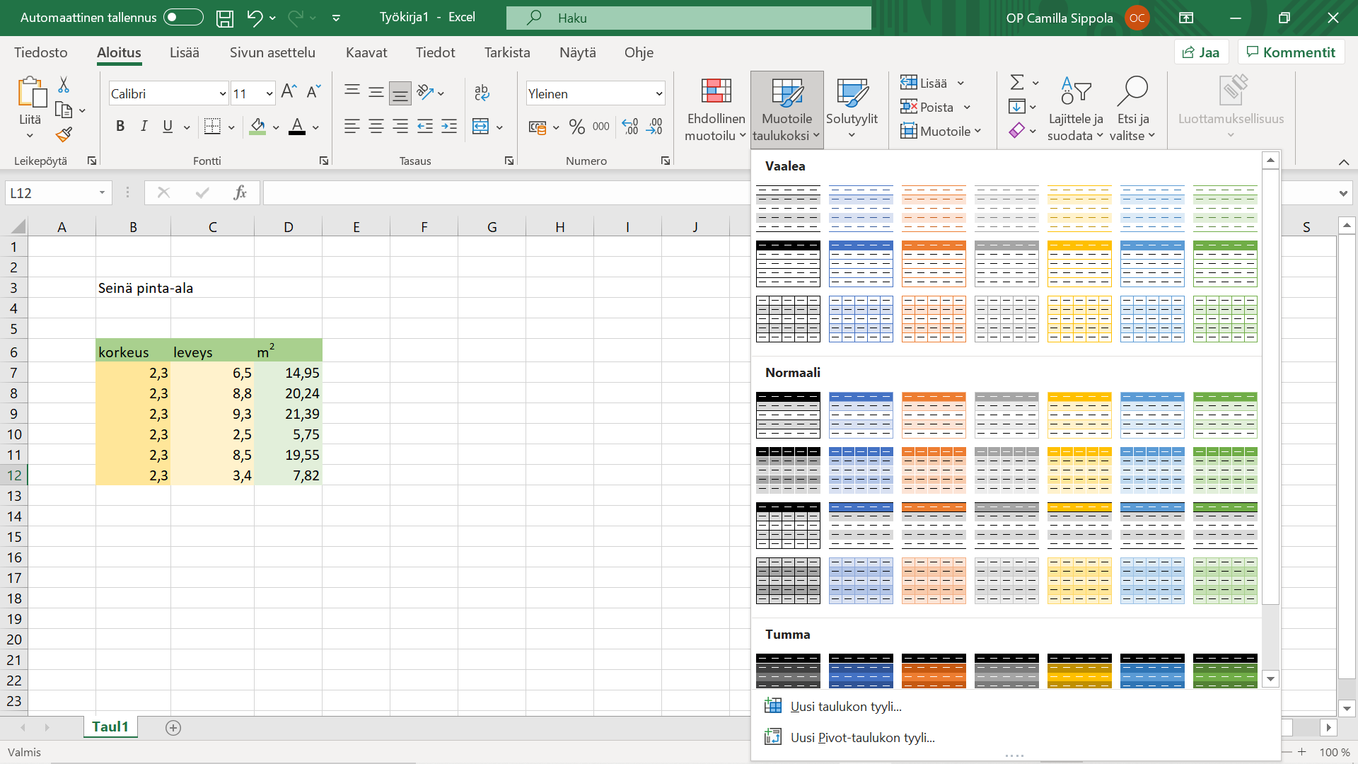 Excel valmiit taulukon muotoilut