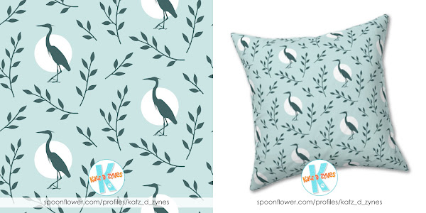 Heron with branches pattern for pine and mint throw pillow design challenge on Spoonflower