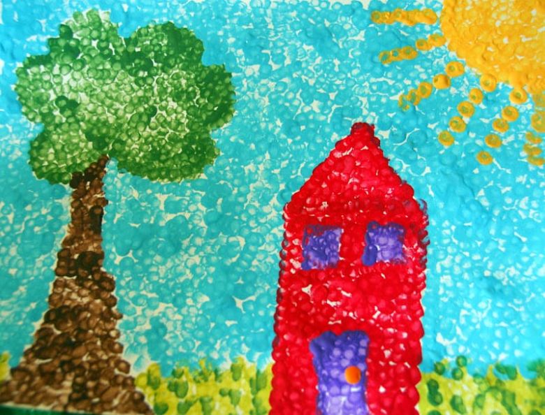 Pointillism art project for kids - house scene