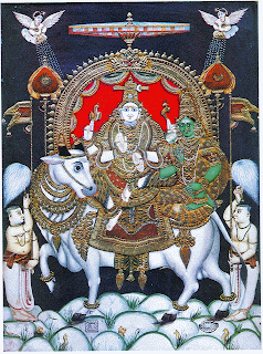 Shiva and Parvati on Shiva’s vehicle, Nandi the bull Thanjavur Painting.