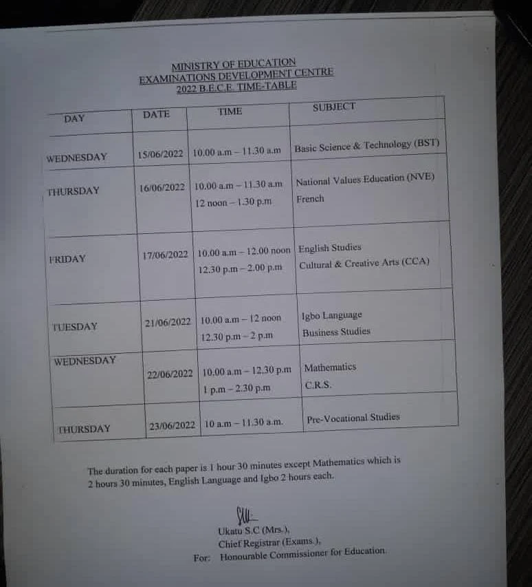 2022 Anambra State BECE Timetable [15th - 23rd June] | JUNIOR WAEC