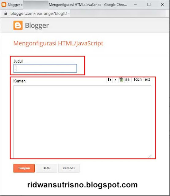 Cara menambagkan widget gadget html javasrcipt