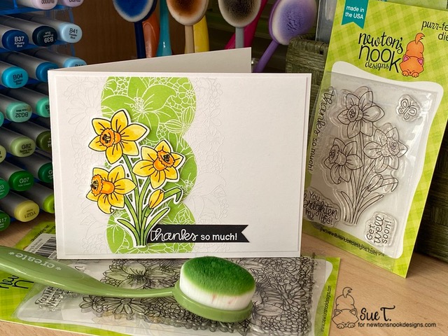 Thanks so much by Sue T. features Blooming Botanicals,  Daffodils, and Slimline Masking Circles and Squares by Newton's Nook Designs; #inkypaws, #newtonsnook, #cardmaking, #springcard