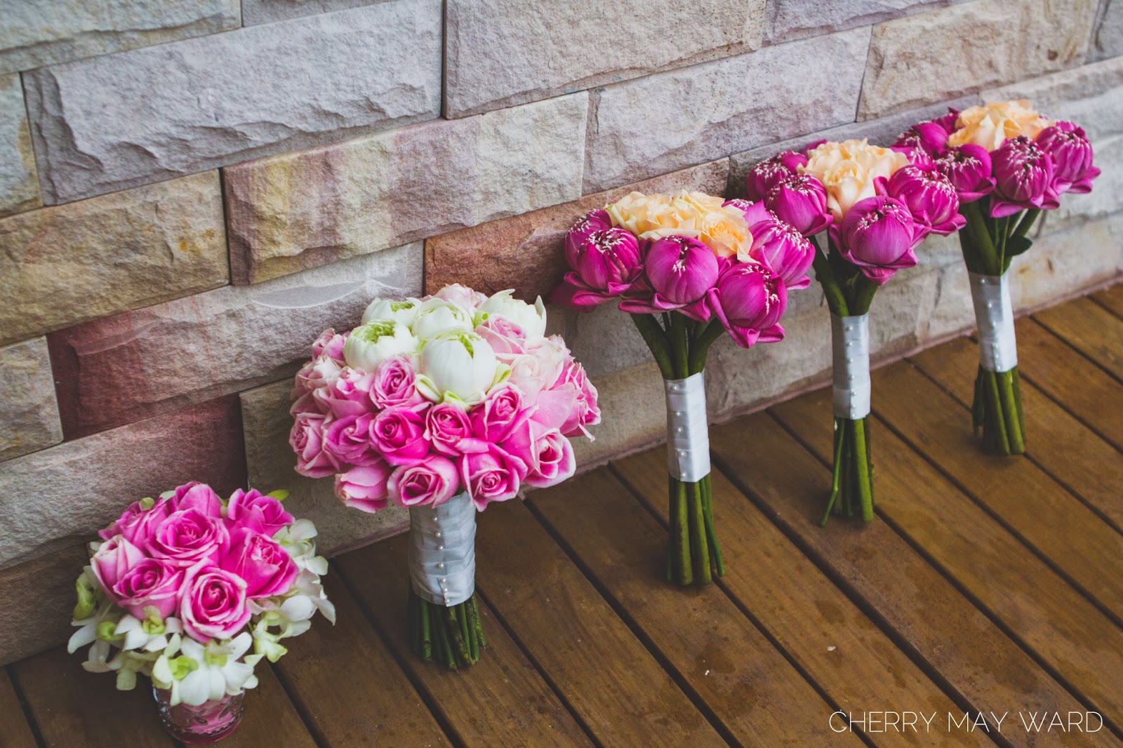 beautiful flowers, wedding details, gorgeous wedding bouquets, bridesmaids bouquets, classic thai touch, pink lotus flowers