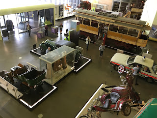 Panoramic view of inside the Riverside Museum of Transport