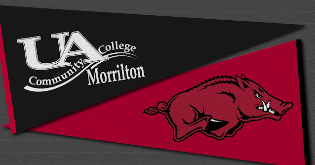 a UACCM pennant and a UA-Fayetteville pennant cross paths
