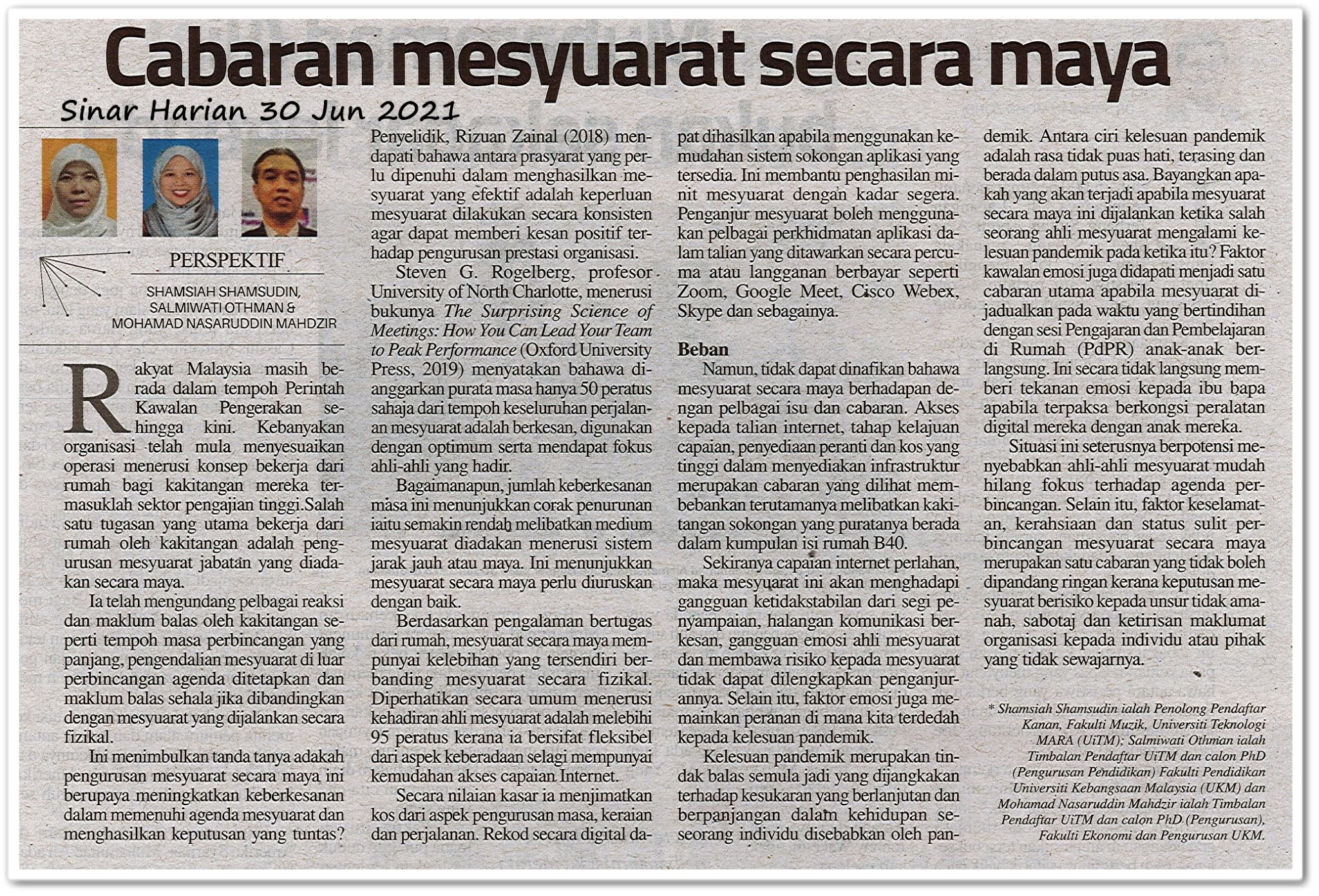 Cabaran mesyuarat secara maya - Keratan akhbar Sinar Harian 30 Jun 2021