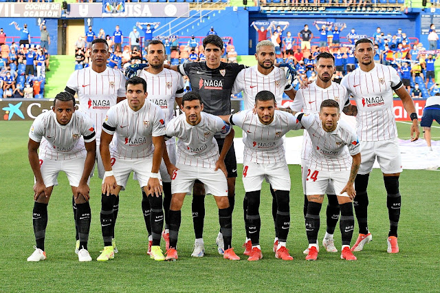 SEVILLA F. C. Temporada 2021-22. Fernando, Joan Jordan, Bono, En-Nesyri, Suso, Diego Carlos. Jules Koundé, Acuña, Jesús Navas,Oscar Rodríguez, Papu Gómez. GETAFE C. F. 0 SEVILLA F. C. 1. 23/08/2021. Campeonato de Liga de 1ª División, jornada 2. Getafe, Madrid, Coliseum Alfonso Pérez. GOLES: 0-1: 90+3’, Eric Lamela.