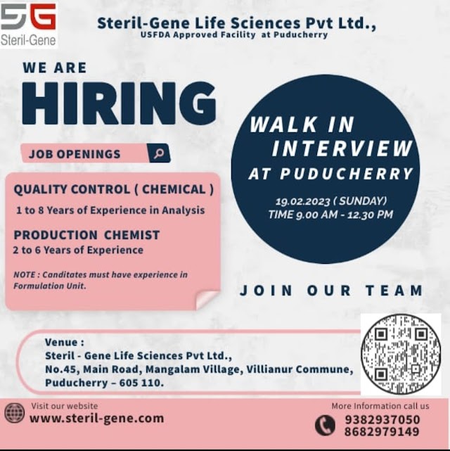 Steril-Gene Life Sciences | Walk-in interview at Production/ QC - Formulation on 19th February 2023
