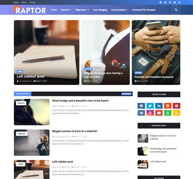raptor awesome magazine layout for blogspot
