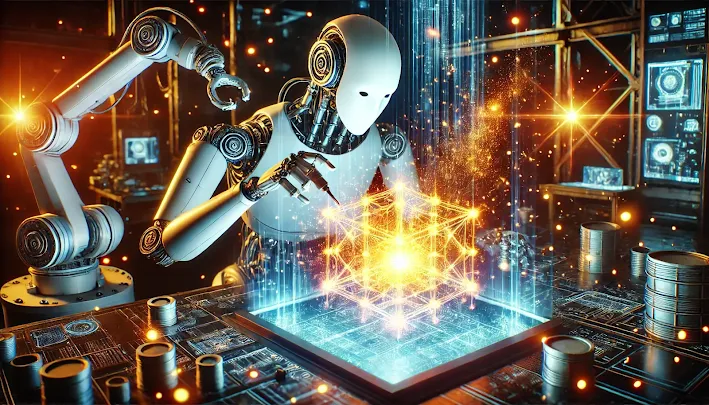 A robot generating a 3D model on a large screen, with dynamic sparks of light surrounding the model in construction, representing the power of artificial intelligence. The scene is futuristic, in a 16:9 aspect ratio, emphasizing the robot's intricate details and the vibrant digital environment. The colors are bright and convey a sense of advanced technology at work.