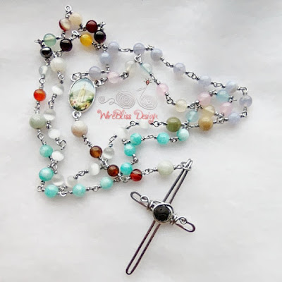Wire wrapped mixed gemstones rosary with lava stone cross