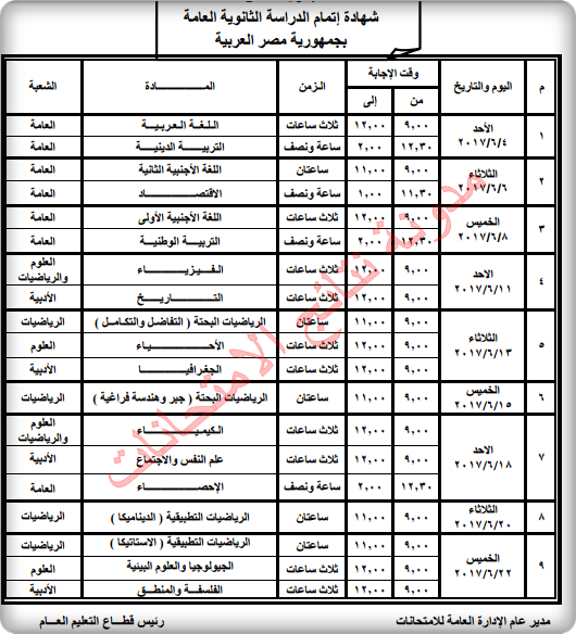 جدول إمتحانات الثانويه العامه 2017 أخر العام - الجدول والرسمى بعد التعديلات