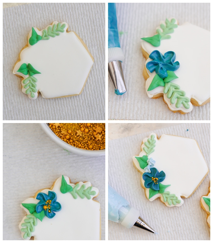 how to make Navy and Gold Floral Monogram Wedding Cookies, tutorial collage