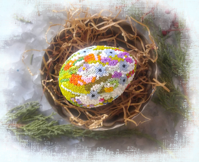 diy huichol style beaded seed bead egg Easter craft