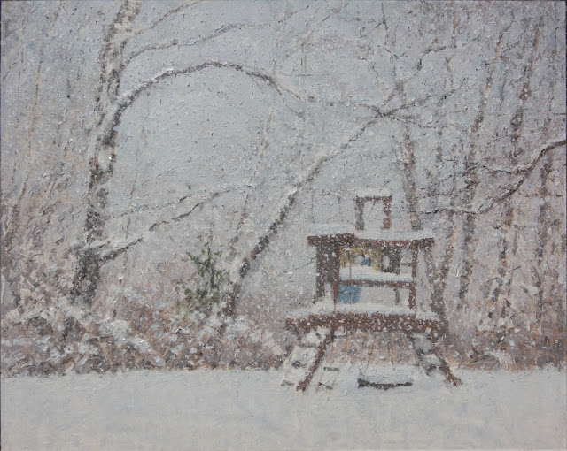 Oil painting. Thick snow swirls amidst trees and play structure, simultaneously obscuring and defining the objects and the space between them.