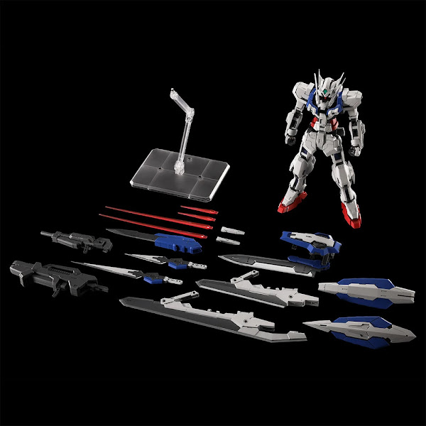 Gundam Astraea figure displayed alongside its entire vast arsenal.