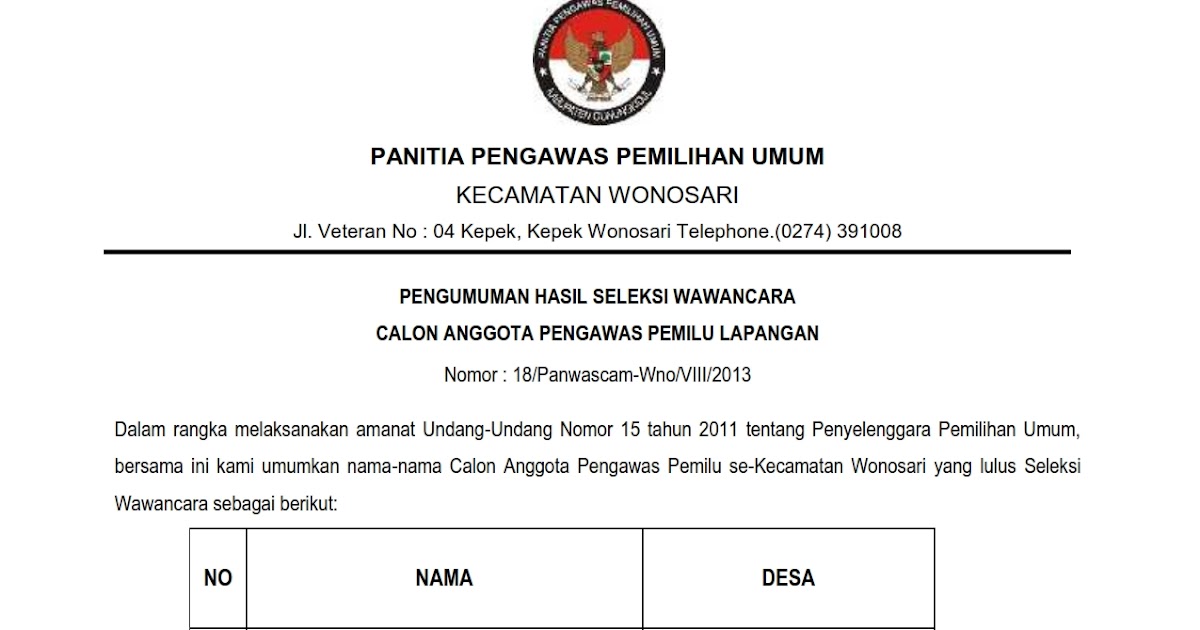 Panitia Pengawas Pemilu Kecamatan Wonosari: Pengumuman 