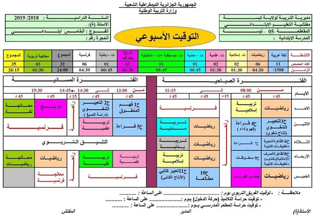 التوقيت الاسبوعي للسنة الخامسة ابتدائي الجيل الثاني