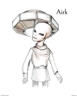 Artwork depicting the Airk, gentle beings from Constellation Ophiuchus, near Yed Prior, with pale skin, large eyes and serene expressions