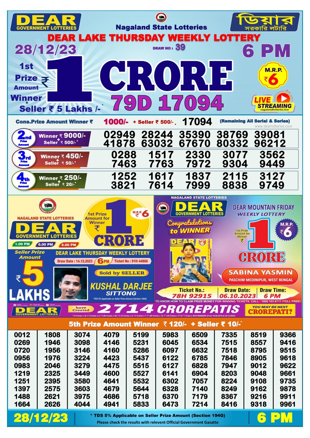 Lottery Sambad 28 Tarikh Evening 6 PM draw results