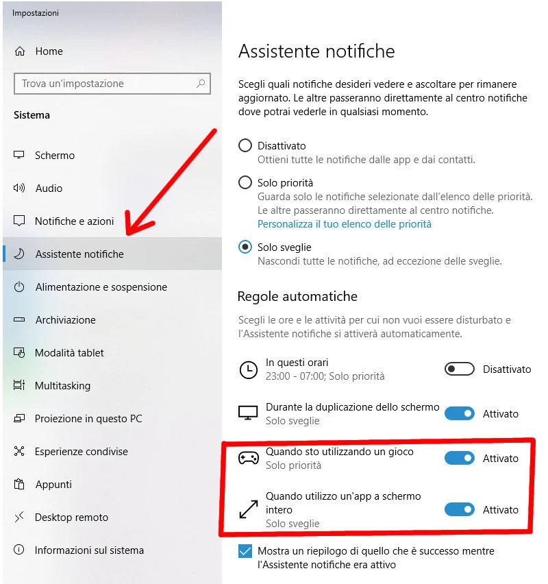 Menu assistente notifiche Windows 10