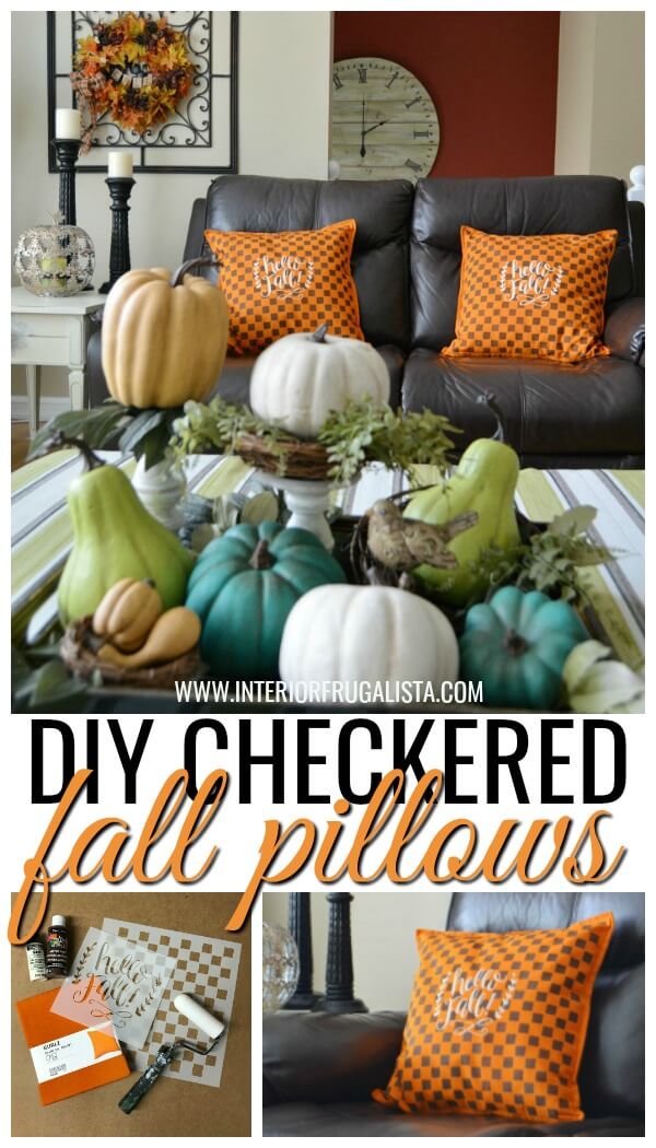 These unique checkered fall pillows in traditional autumn colors are so easy to make plus they are a space-saving option for storing seasonal pillows. #fallpillowcovers #autumnpillowcovers #checkeredpillows