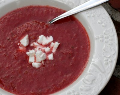 Tomato & Sour Cherry Gazpacho ♥ AVeggieVenture.com, a cold summer soup, tomatoes paired with cherries for a slightly sweet gazpacho. Weight Watchers Friendly. Beautiful Color.