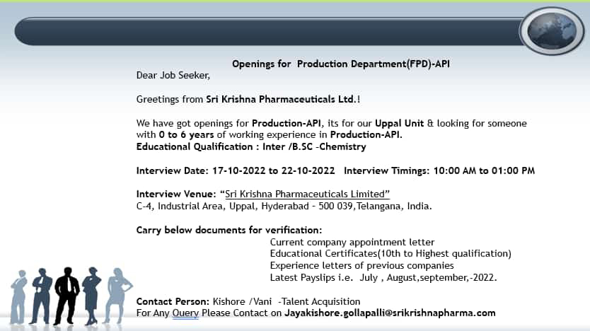 Job Availables for Sri Krishna Pharmaceuticals Ltd Walk-In Interview for Production Department