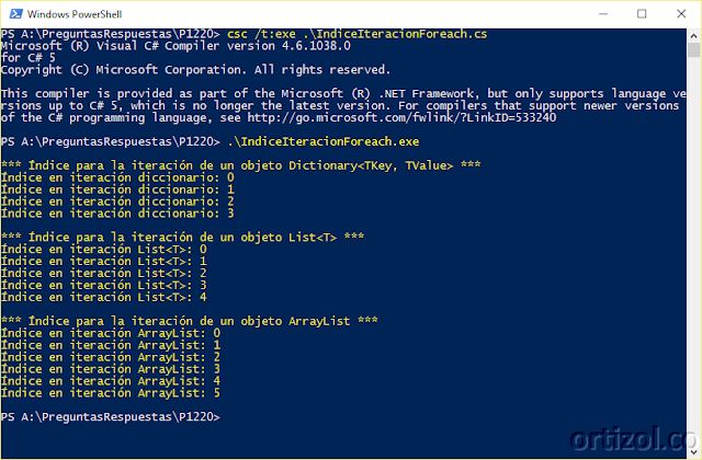 Ejecución assembly IndiceIteracionForeach.exe