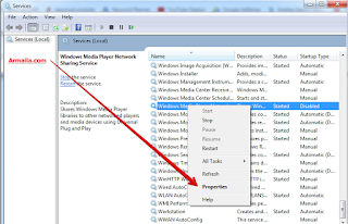 Selanjutnya akan terbuka halaman services. klik kanan pada bagian Windows Media Player Network Sharing Service dan pilih properties