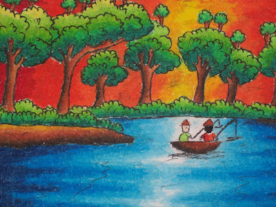 Gambar pemandangan sungai dengan crayon