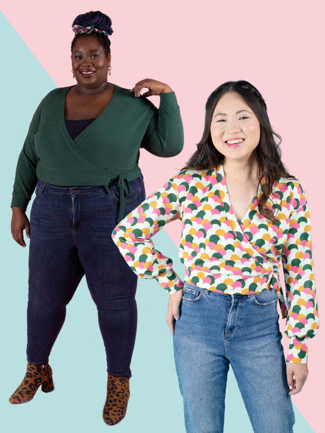 Pearl cardigan sewing pattern on two models - one plus size black woman in green cardigan, one petite Asian woman in multicoloured wrap cardigan