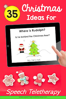 35 Terrific FREE Christmas Speech Therapy Ideas for Teletherapy. This ipad is showing a no-print "Where is Rudolph? activity with Santa and a Christmas tree. #speechsprouts